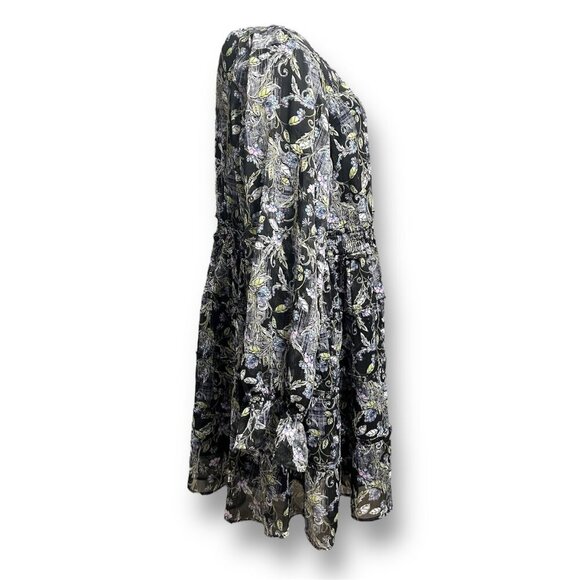 Torrid 3X Floral Black Chiffon Tiered Dress Mini Lurex Long Sleeve Boho V-Neck - Picture 5 of 10